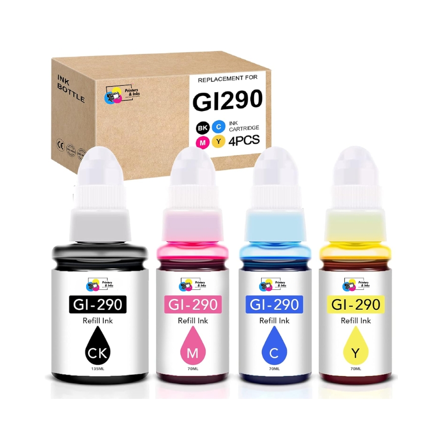 Canon GI-290 Remanufactured Ink Bottle Set – Black, Cyan, Magenta, Yellow (High Yield)