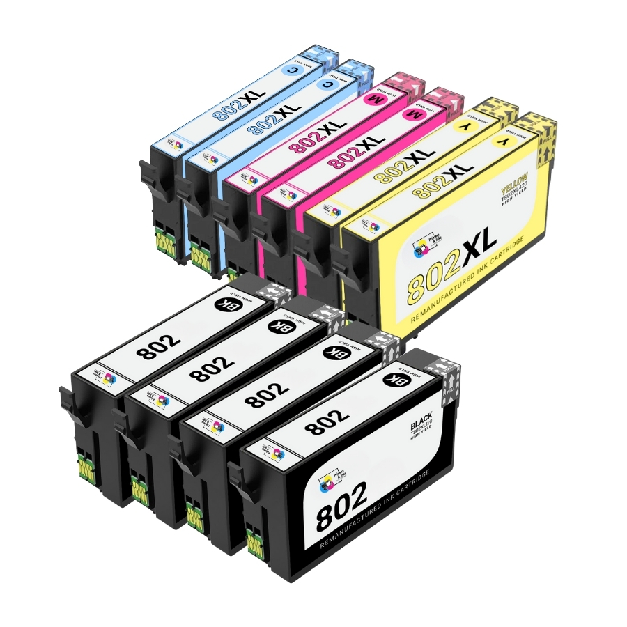 Bulk Set of 10 Remanufactured Ink Cartridges for Epson 802/802XL: 4 Standard Black and 2 Each of High Yield Cyan, Magenta and Yellow