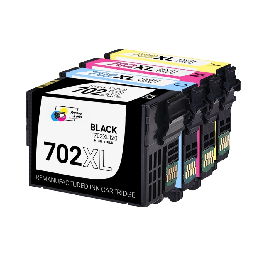Remanufactured Bulk Set of 4 Ink Cartridges for Epson 702XL – Includes T702XL120 Black, T702XL220 Cyan, T702XL320 Magenta, T702XL420 Yellow